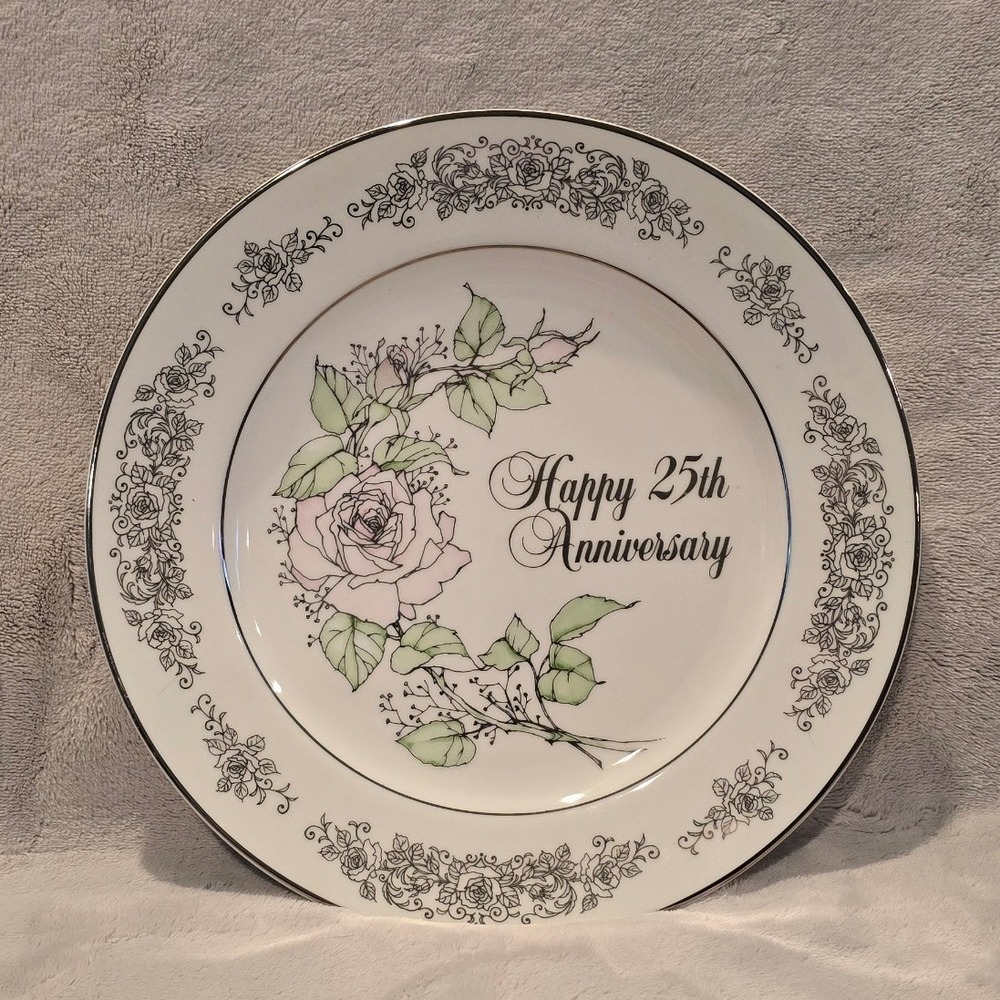 Vintage 1983 Anniversary Wishes 25th Anniversary Porcelain Plate Pink Rose Japan